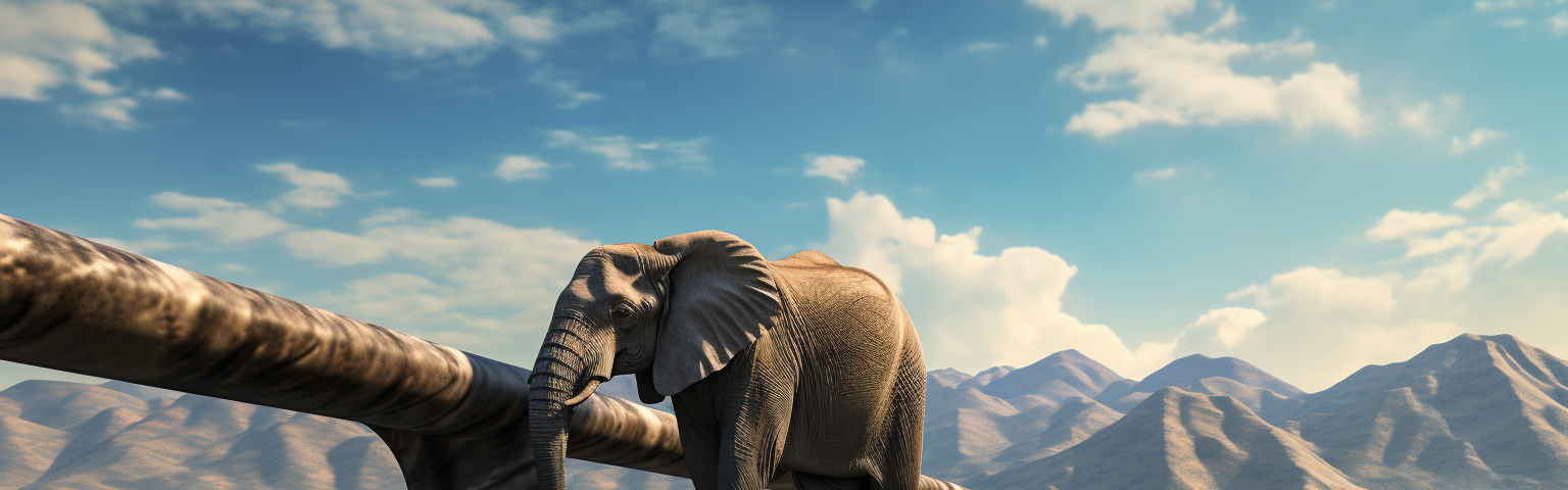 Midjourney generated image of black elephant standing on a pipeline with mountains in background