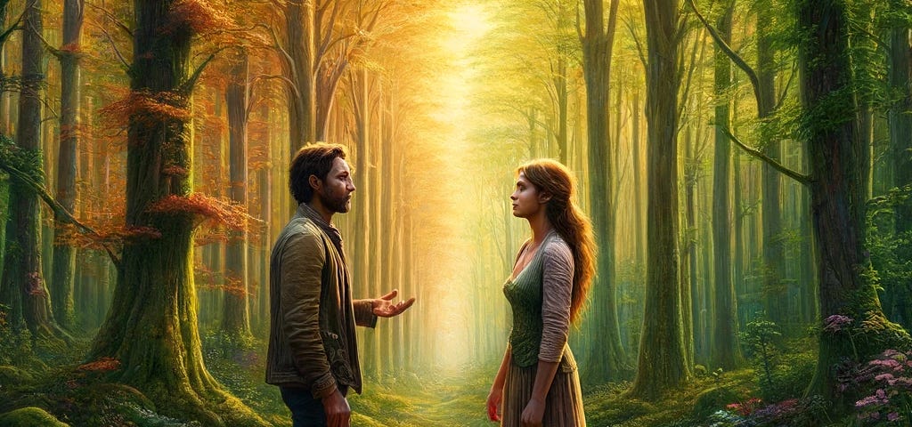 A detailed 4K HD image capturing an emotional moment between a man and a woman amidst a vivid, lush forest, highlighting their unique expressions of vulnerability and connection as personal barriers start to crumble, surrounded by the vibrant beauty of nature.