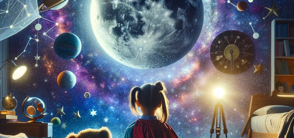 A vibrant 4K HD illustration of a young girl and her teddy bear co-pilot, Astro, in a room transformed into a spaceship, orbiting through starlight and marveling at the detailed moon’s phases, symbolizing lessons of resilience, friendship, and curiosity amidst a backdrop of celestial bodies