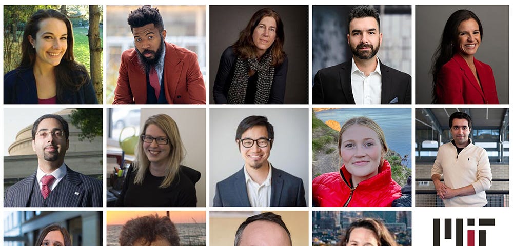 Collage of 14 headshot photos of MIT faculty of various genders and ethnicities with Jameel World Education Lab logo in the corner.