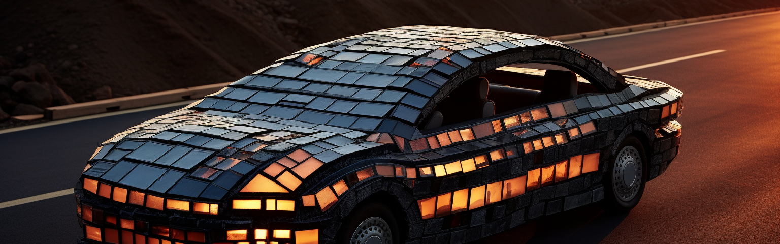 Midjourney generated image of a car on the highway covered in solar panels