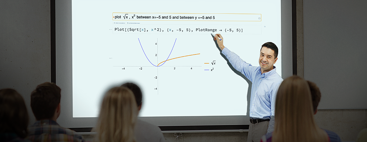 Smiling man standing in front of a projection of a graph output created through Wolfram Language inputs