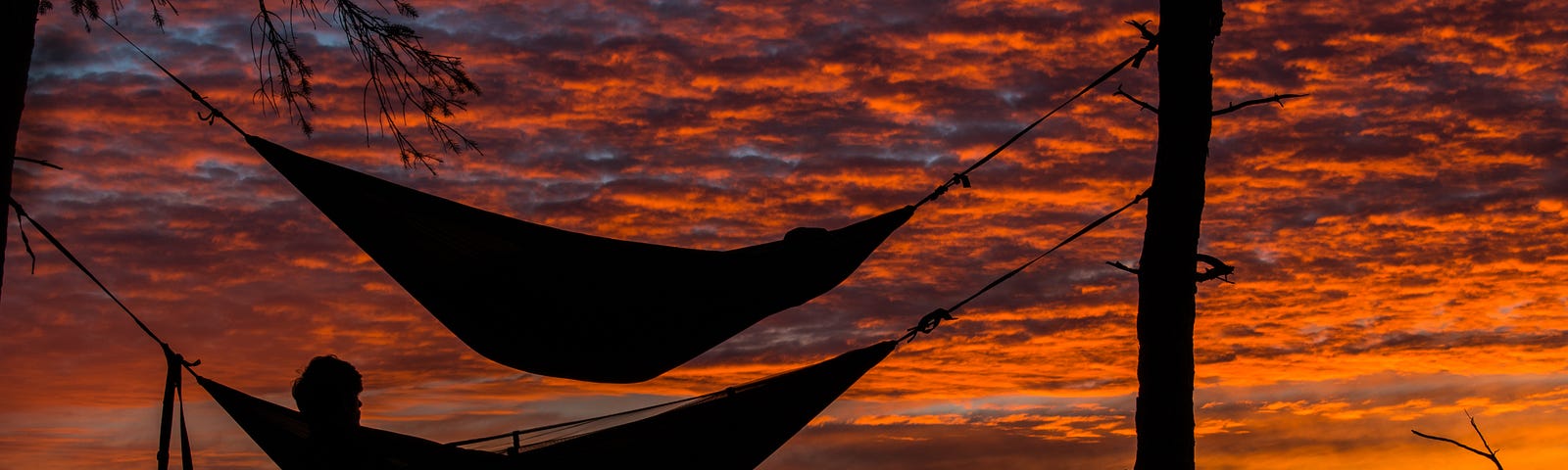 Image of two hammocks in front of a sunset sky.