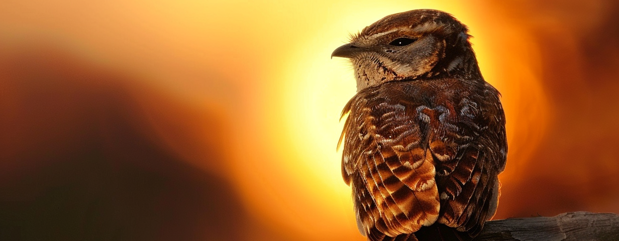 whippoorwill sits on a branch looking towards the horizon