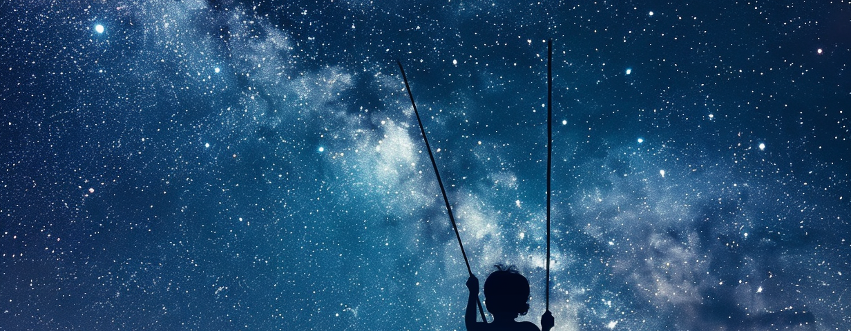 A silhouette swings against the backdrop of the night sky