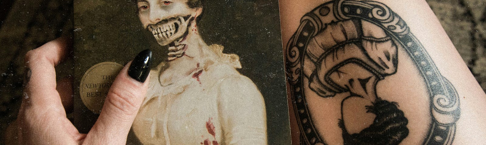 The gruesome cover of the novel Pride and Prejudice and Zombies with the bones beneath a woman’s face showing. All clues to the story.