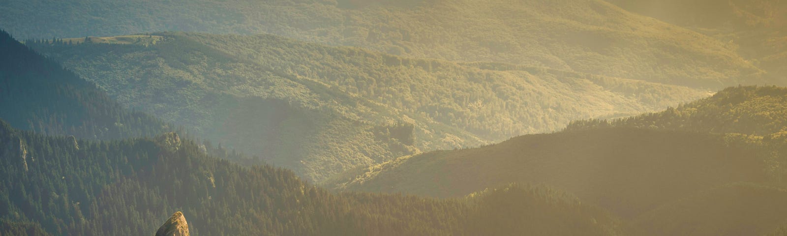person standing on mountain against verdant landscape