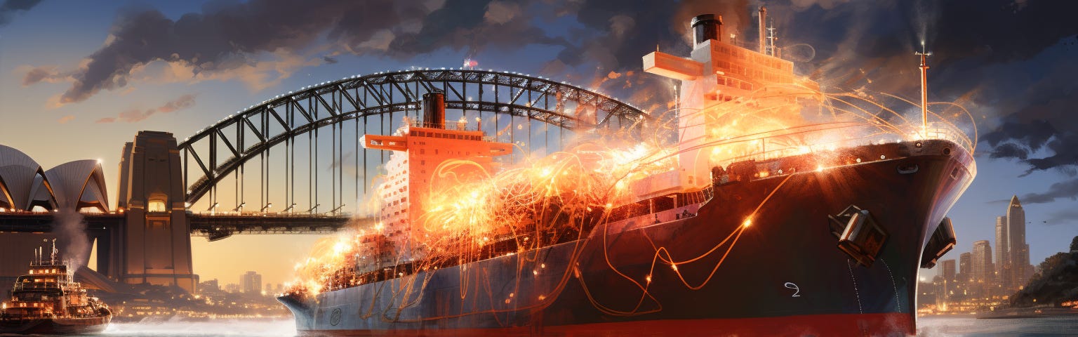 Midjourney generated image of container ship covered in sparks and circuitry in Sydney Harbor with Opera House in background