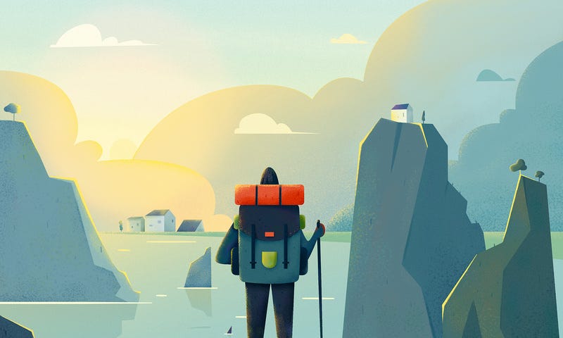 An illustration of a person who is wearing outdoor outfit and staring at the sunrise.