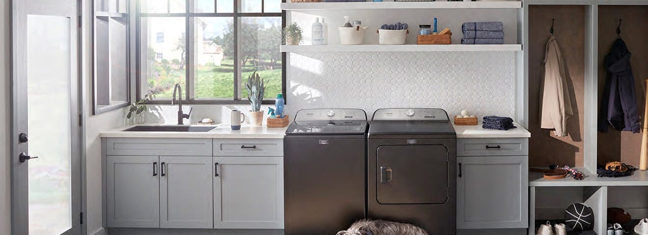 Photo of a laundry room with a sink, washer, and dryer against a wall with windows and shelves. A dog lays in front of the machines.