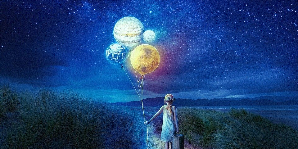 Woman walking away into a blue horizon. She’s holding a suitcase and a bunch of balloons that look like the planets.