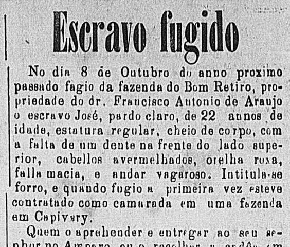 Trecho de reportagem sobre fuga de escravo em jornal do sec. XIX.