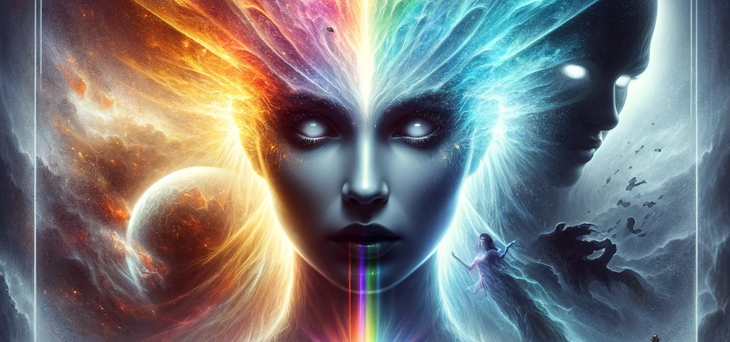 poster features a central figure, a woman with a rainbow-like complexion that symbolizes light. She stands prominently against a backdrop of dark, shadowy elements, representing the opposing force of darkness. A vivid rainbow arcs around her, bridging the gap between light and darkness. The title “Collapse of The Rainbow” is displayed in bold, futuristic font at the top, set against a backdrop that blends natural and artificial elements. The poster conveys a sense of a cosmic battle between ligh