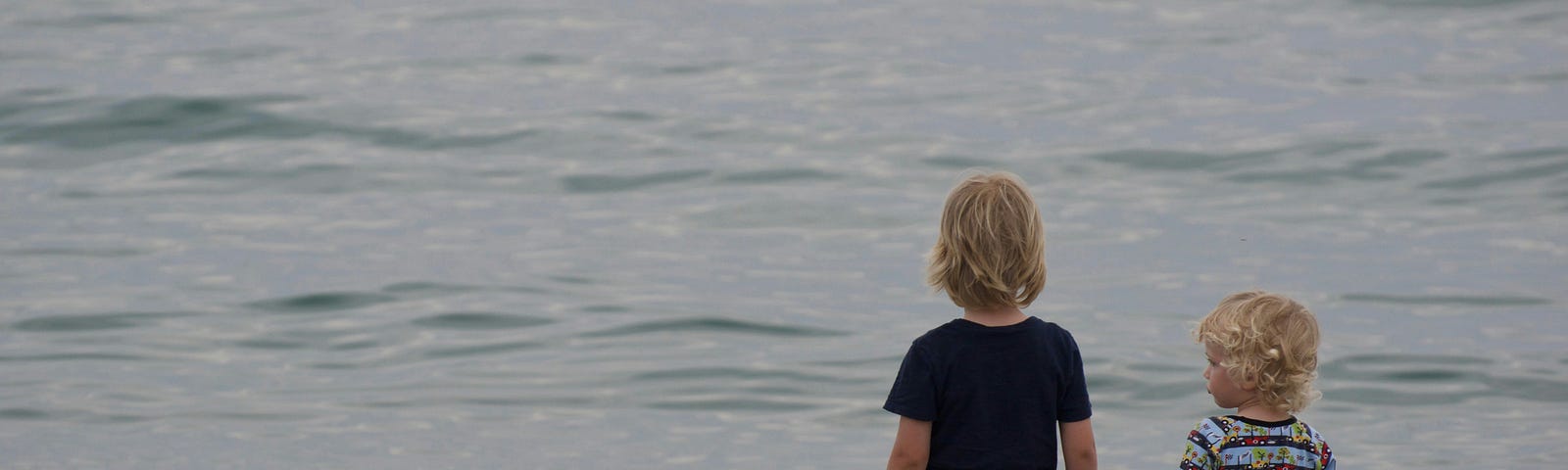 Two children stand at the shore looking out