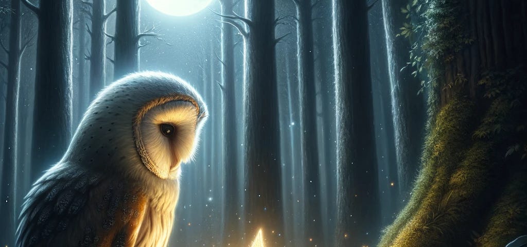 Enchanting night scene with owl conversing with a luminous star on forest floor, showcasing unique emotions and the beginning of a mystical exploration