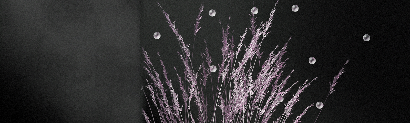 In a dark gray room, decorative grass with beads sits behind a purple glass ball.