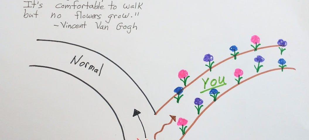 In pen and ink, a quote from Van Gogh is written above a path that diverges to the left into a paved path, and to the right a dirt path full of flowers. The Van Gogh quote is “Normality is a paved road: It is comfortable to walk but no flowers grow.”