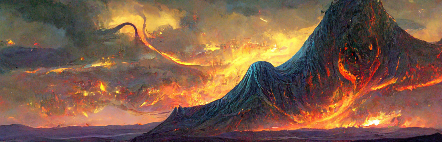A fantasy painting with fire on the horizon and in the valley in the Mike McMahon