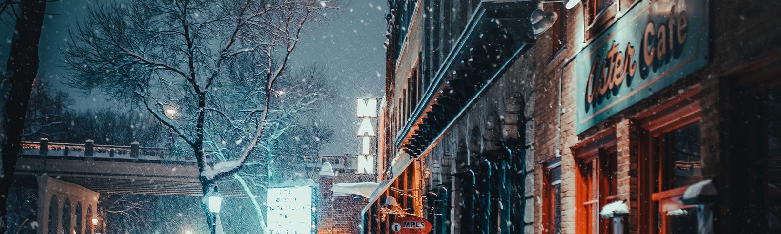 wintery sidewalk in front of a cafe