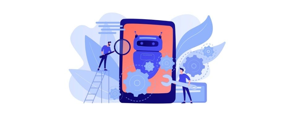 Vector drawing of a salmon colored phone or tablet with a blue robot surrounded by gears on it. Two men stand to either side and are using tools on the gears.