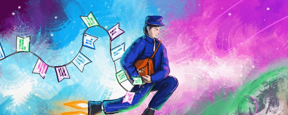 A space postman carrying the mail
