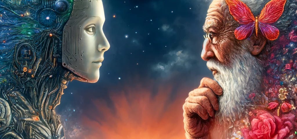 A hyper-realistic, detailed image of an AI and a human conversing at a table, joined by an old man, a child, and a poet, against a backdrop transitioning from sunset to starry night.