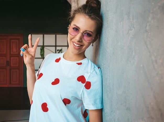 Young woman in t shirt with hearts flashing the victory sign