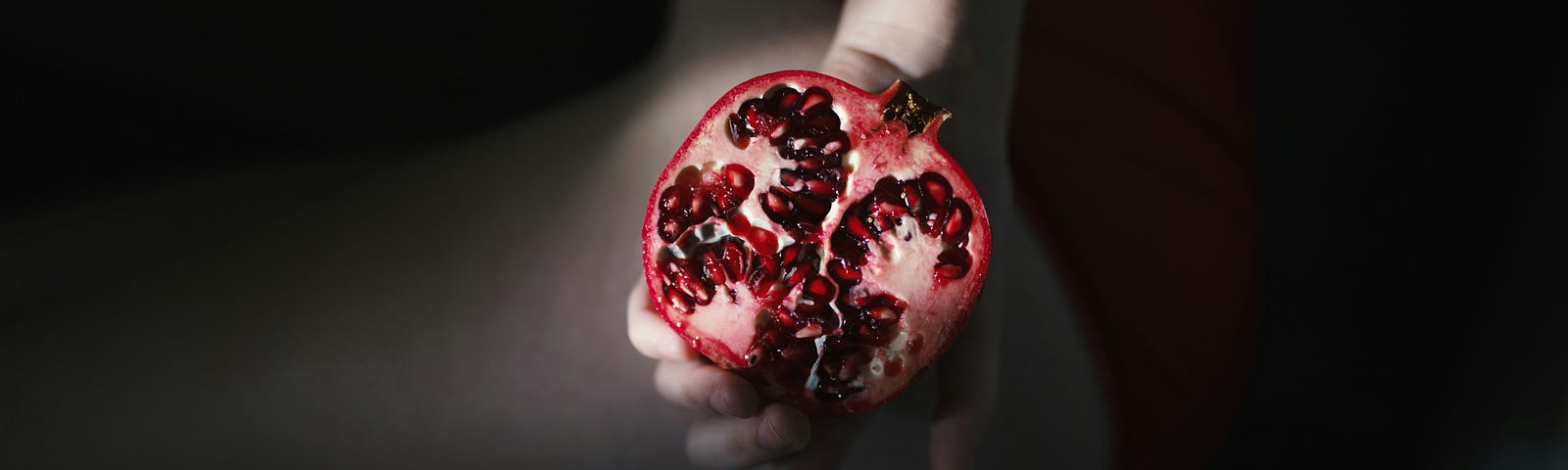 A split pomegranate, seeds glistening crimson, is in the foreground, held in a woman’s hand. The background is mysteriously out-of-fous, but shows a suggestion of a pale-skinned woman’s upper thigh and outline of red lingerie.