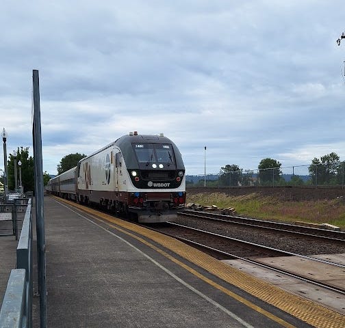 Image by Author — Amtrack train Leaving Kelso, WA to Seattle WA June 1st 2024