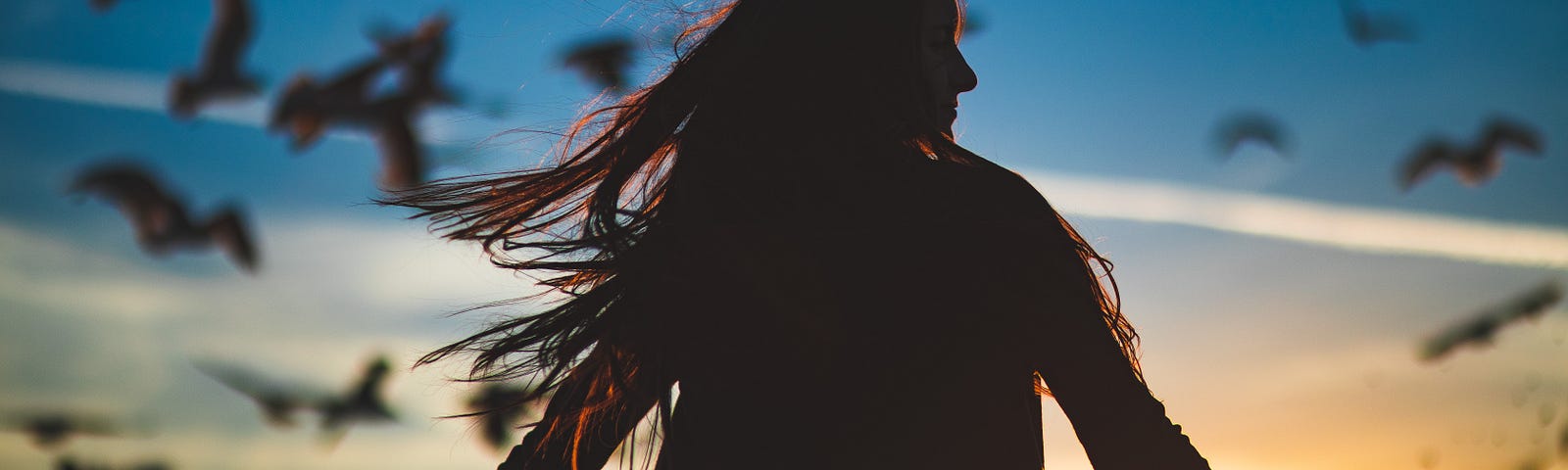 silhouette of a woman against a setting sun with birds in the background for article titled “Maslow Peak Experience”