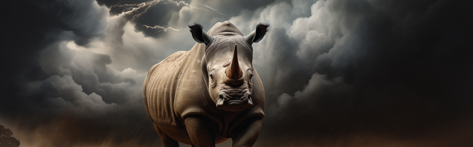 Midjourney generated image of a gray rhino under a massive thundercloud