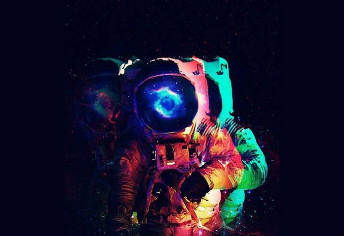 Plastiscene “The American Recording Sessions” EP cover art that “Blur to You” appears on; astronaut with tripled vision effect, center red/orange, right florescent green, left only helmet barely visible — galaxy view in helmet and stars around body