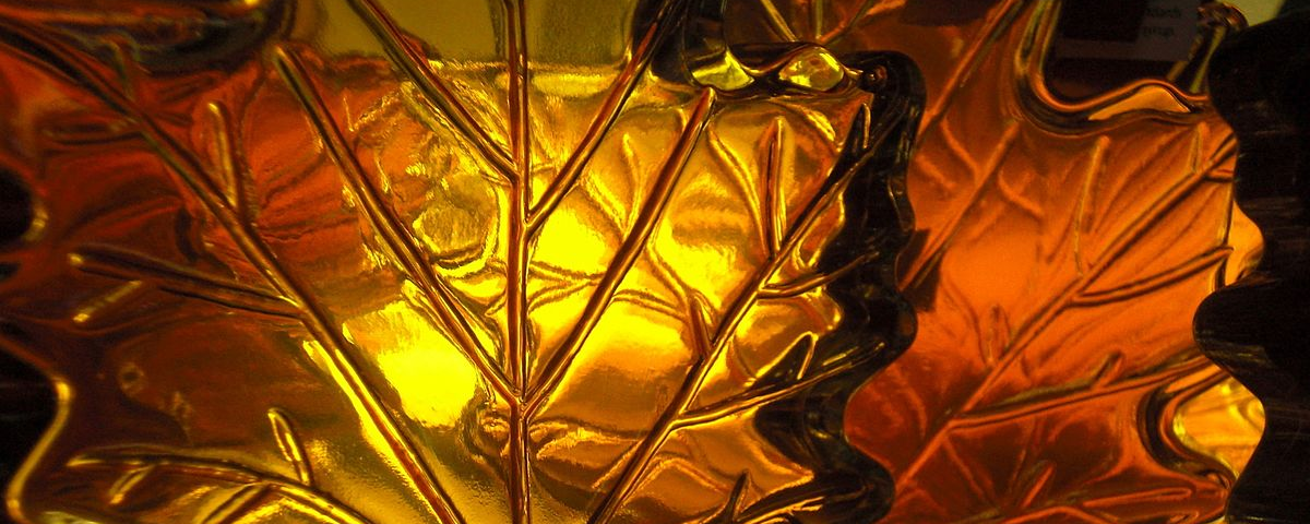 A photograph of five bottles in the shape of maple leaves filled with maple syrup.