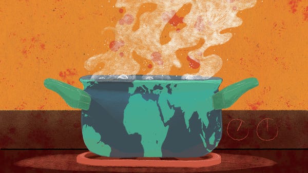 Climate change earth, boiling pot of water