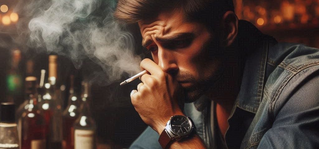 a sad man smoking and drinking in a bar, Running away from your emotions, pain, and problems is not the solution. Everything bad that happens is a learning opportunity. It’s what you need even if it it’s not fun.