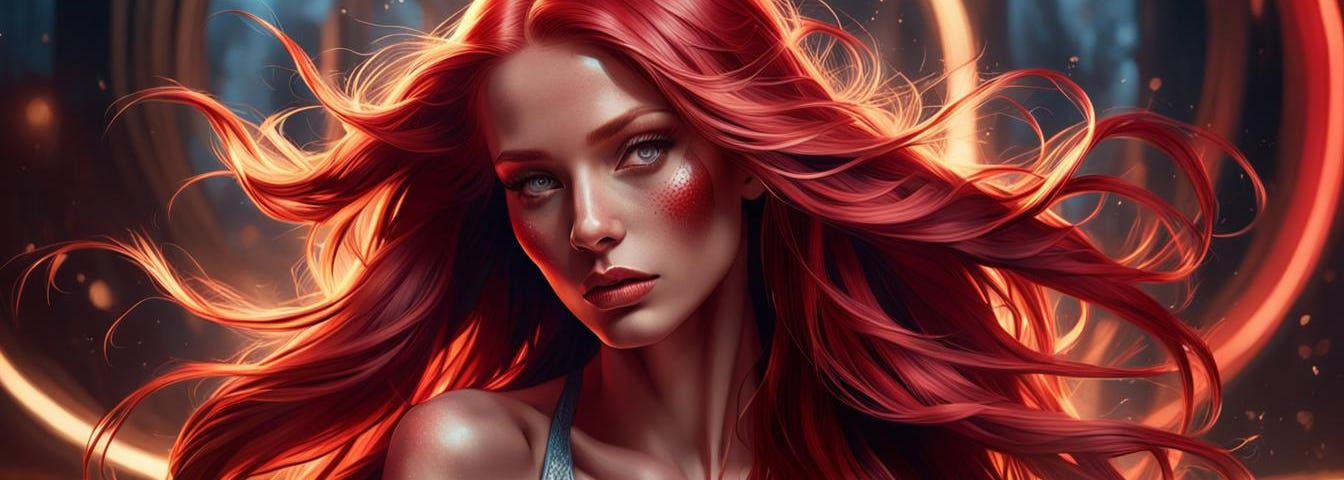A stunningly beautiful woman with long red hair. Her hair is whipping in the wind with some passionate emotion.