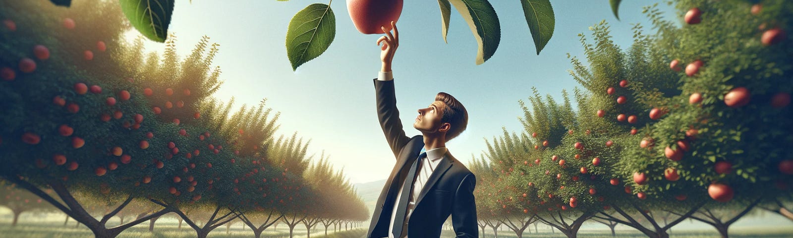 ChatGPT & DALL-E generated panoramic image of a politician reaching up to pick an apple from a low branch, set in a serene orchard landscape.