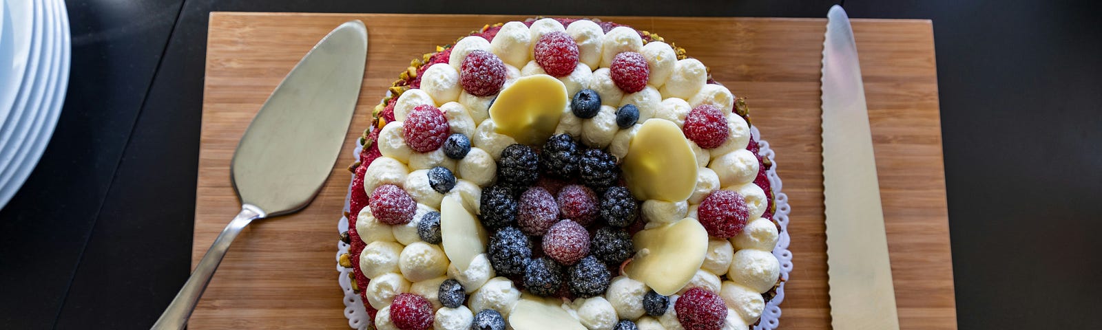multi berry dessert on display waiting to be cut and served