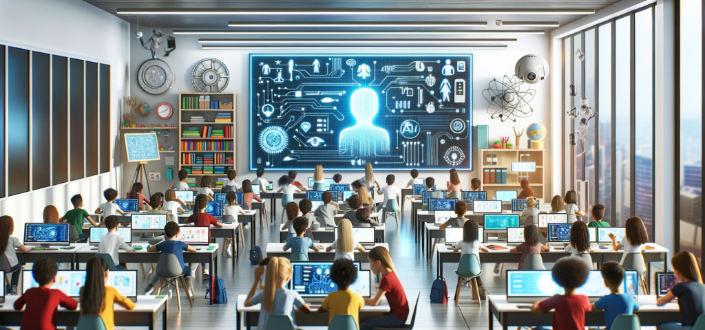 Futuristic classroom with AI technology integration.