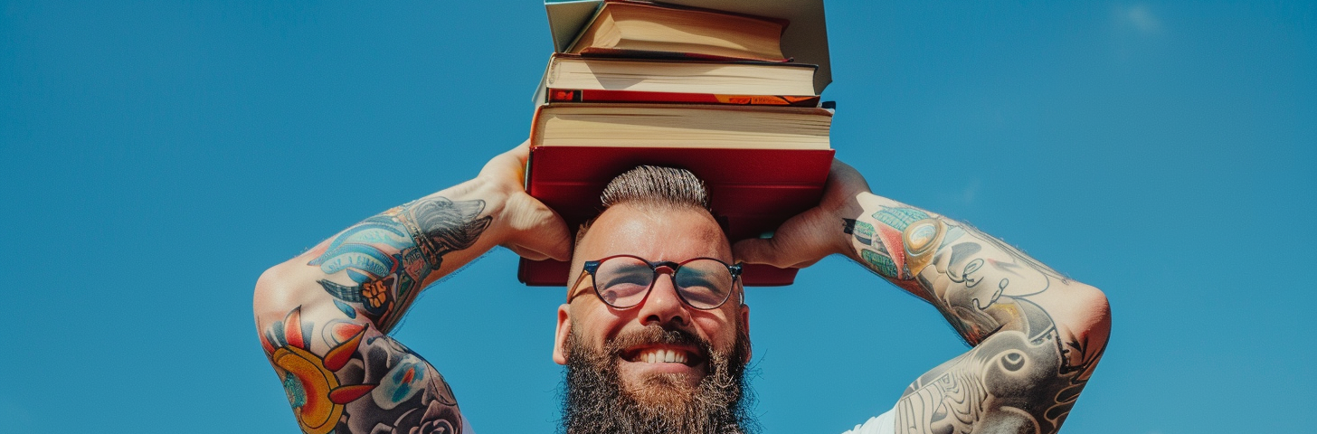 photo of a man with glasses, tattoo and beard, holding many many books, in victory posture, bright and sunny day, AI image created on MidJourney by Henrique Centieiro and Bee Lee