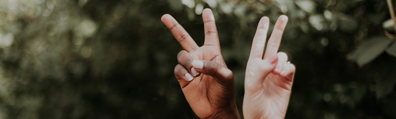 this is a photo of two hands raised in peace signs. One appears to be from a Black person and one from a person who is white. They look like children’s hands