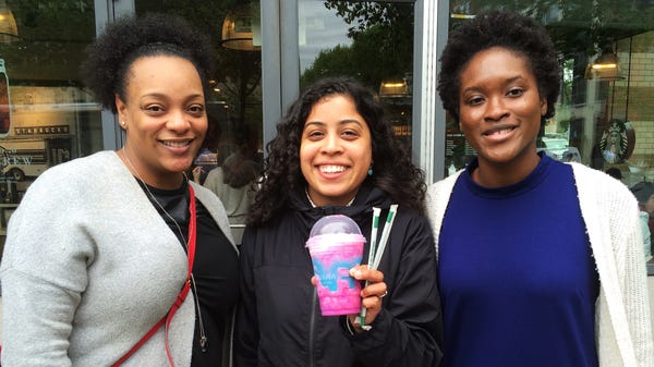 Letitia Winston (left), Lori Aquino, and Moriam Animashaun visited a Starbucks in Washington, D.C., to try the new Unicorn Frappuccino.