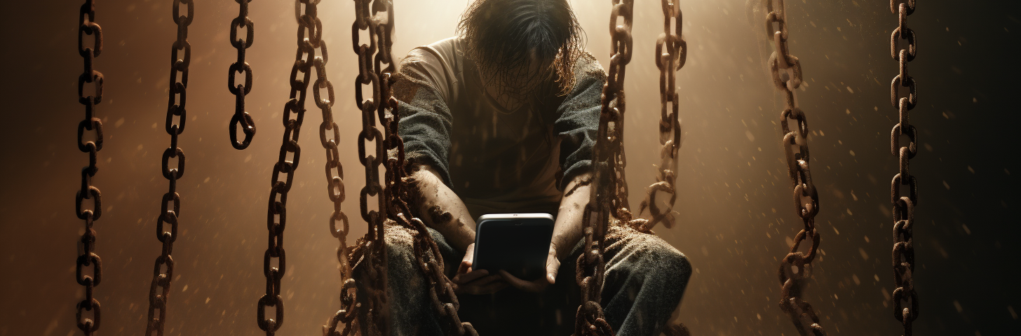 Chains breaking away from a person as they stand up from a slouched, screen-gazing position.