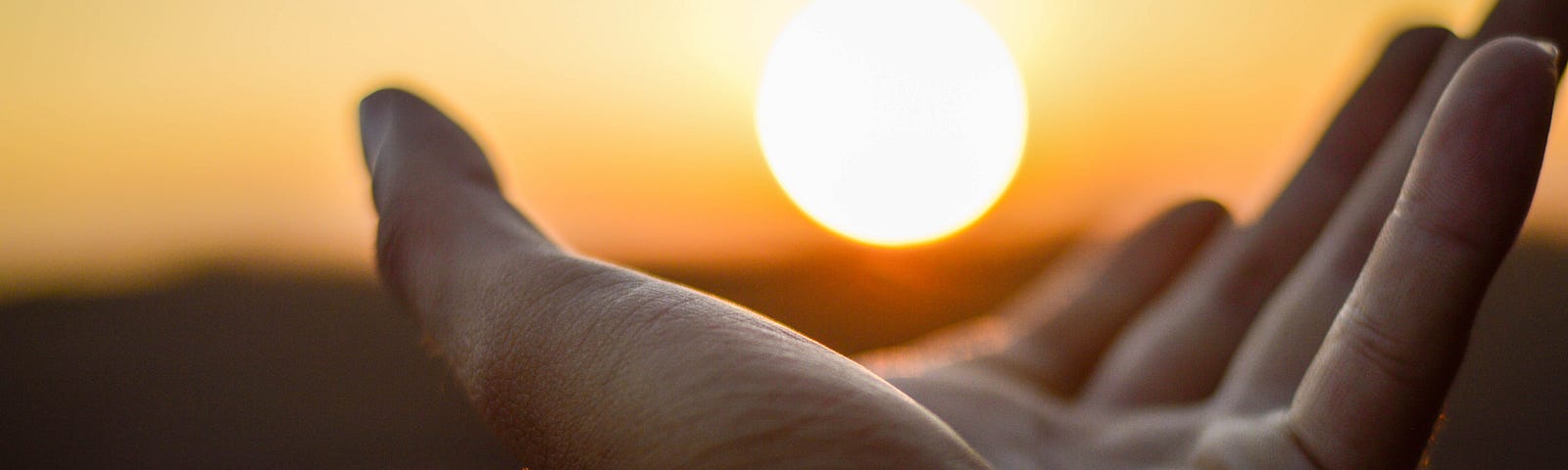 A hand held towards the sun, giving the appearance of holding it.