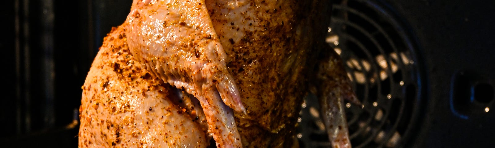 A golden juicy chicken sits upright in an oven, roasting.