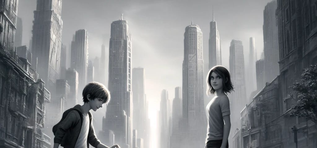 Two young people walking through a detailed grayscale city, with a hint of blue flickering in their minds, symbolising a subtle promise of hope.