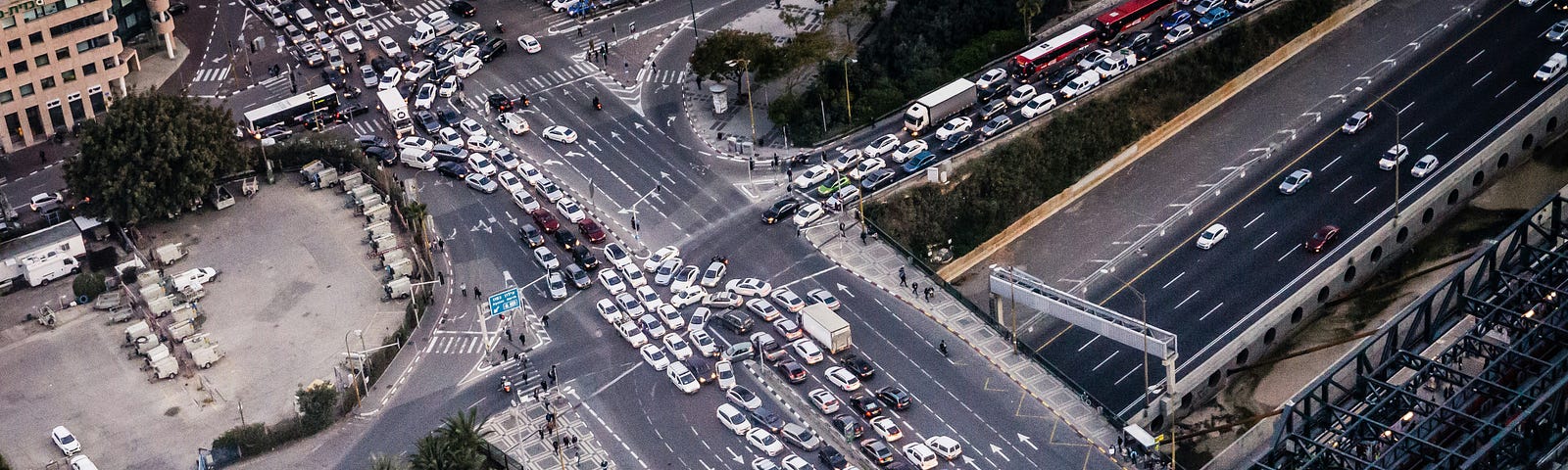 A long traffic jam at two intersections