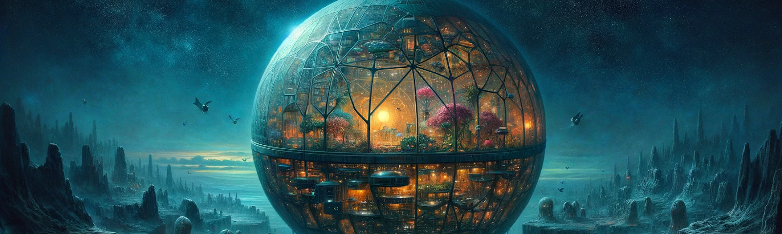 A colossal sphere structure stands on a desolate planet, its surface glistening. Inside the sphere is a lush artificial environment with a young prince playing in a nursery filled with synthetic flowers and life-support systems. Outside, the landscape is barren, and eerie wails of people can be heard. The scene depicts the collapse of the sphere as its systems fail, symbolizing the downfall of privilege and separation.