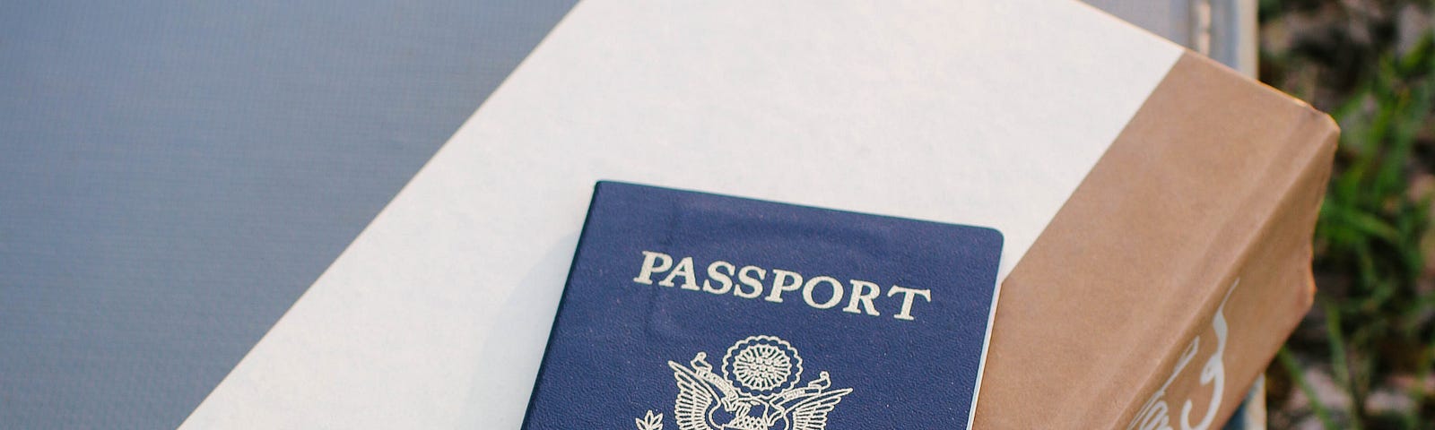 A blue passport laying on top of a white book, laying on top of a light blue suitcase, laying on top of grass.
