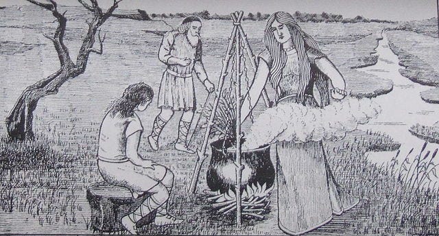Illustration of Ceridwen, Gwion Bach, and Ceridwen’s other servant, brewing Awen in Ceridwen’s cauldron